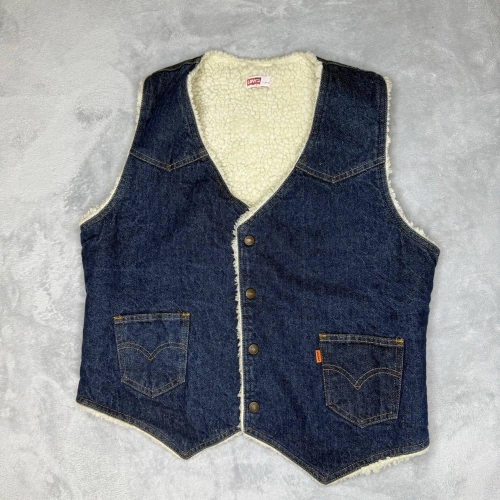 Vintage Levi's Orange Tab Sherpa Denim Vest Large 70s Western Jean USA Style